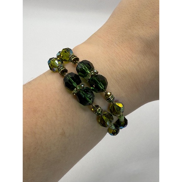 Vintage Green Faceted Crystal Bead Wire Bracelet - Picture 2 of 3